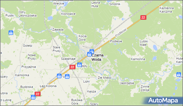 mapa Czarna Woda powiat starogardzki, Czarna Woda powiat starogardzki na mapie Targeo