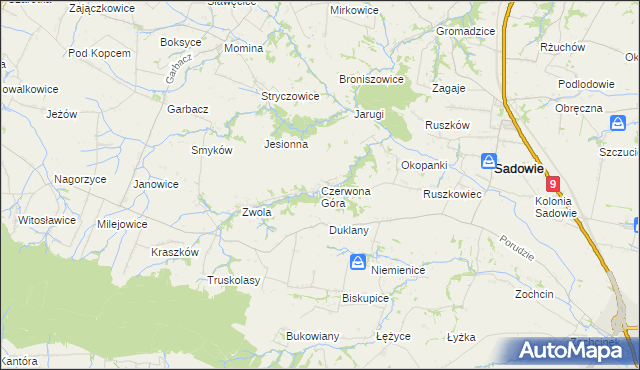 mapa Czerwona Góra gmina Sadowie, Czerwona Góra gmina Sadowie na mapie Targeo