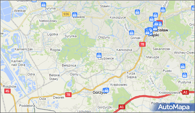 mapa Czyżowice gmina Gorzyce, Czyżowice gmina Gorzyce na mapie Targeo