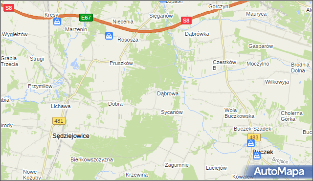 mapa Dąbrowa gmina Buczek, Dąbrowa gmina Buczek na mapie Targeo