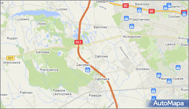 mapa Dąbrowa gmina Dopiewo, Dąbrowa gmina Dopiewo na mapie Targeo