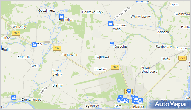 mapa Dąbrowa gmina Nowe Miasto nad Pilicą, Dąbrowa gmina Nowe Miasto nad Pilicą na mapie Targeo