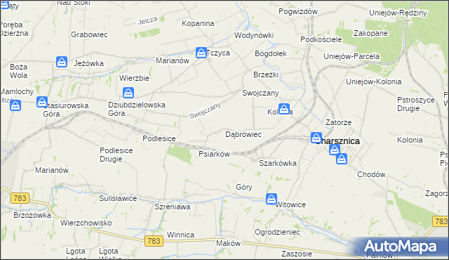 mapa Dąbrowiec gmina Charsznica, Dąbrowiec gmina Charsznica na mapie Targeo