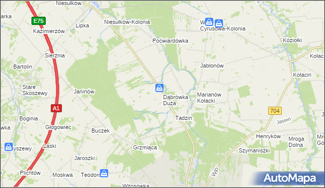 mapa Dąbrówka Duża gmina Brzeziny, Dąbrówka Duża gmina Brzeziny na mapie Targeo