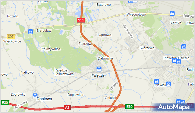 mapa Dąbrówka gmina Dopiewo, Dąbrówka gmina Dopiewo na mapie Targeo