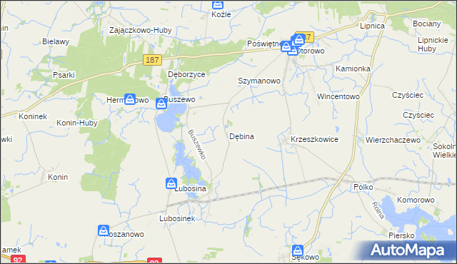 mapa Dębina gmina Pniewy, Dębina gmina Pniewy na mapie Targeo