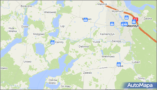 mapa Dębinka gmina Miłomłyn, Dębinka gmina Miłomłyn na mapie Targeo