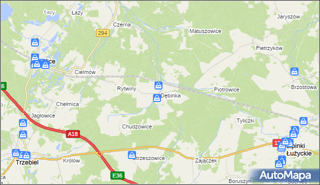 mapa Dębinka gmina Trzebiel, Dębinka gmina Trzebiel na mapie Targeo