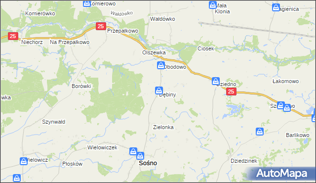 mapa Dębiny gmina Sośno, Dębiny gmina Sośno na mapie Targeo