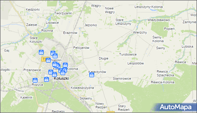 mapa Długie gmina Koluszki, Długie gmina Koluszki na mapie Targeo