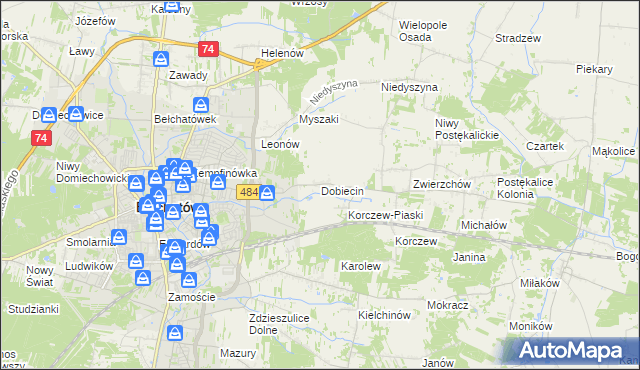 mapa Dobiecin gmina Bełchatów, Dobiecin gmina Bełchatów na mapie Targeo