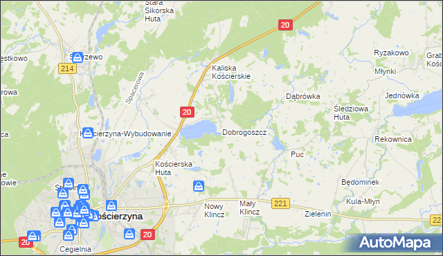mapa Dobrogoszcz gmina Kościerzyna, Dobrogoszcz gmina Kościerzyna na mapie Targeo