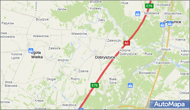 mapa Dobryszyce, Dobryszyce na mapie Targeo