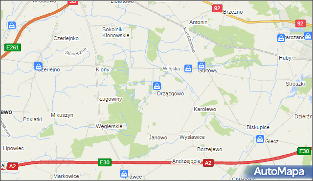 mapa Drzązgowo gmina Kostrzyn, Drzązgowo gmina Kostrzyn na mapie Targeo