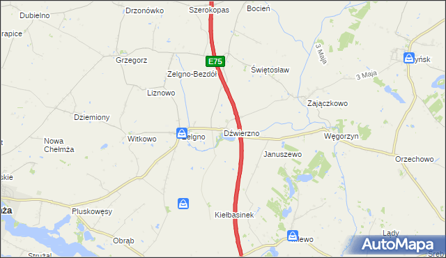 mapa Dźwierzno gmina Chełmża, Dźwierzno gmina Chełmża na mapie Targeo