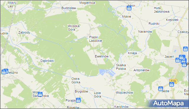 mapa Ewelinów gmina Łopuszno, Ewelinów gmina Łopuszno na mapie Targeo