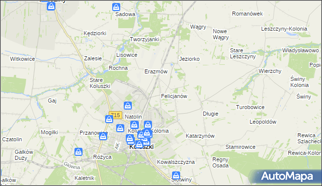 mapa Felicjanów gmina Koluszki, Felicjanów gmina Koluszki na mapie Targeo