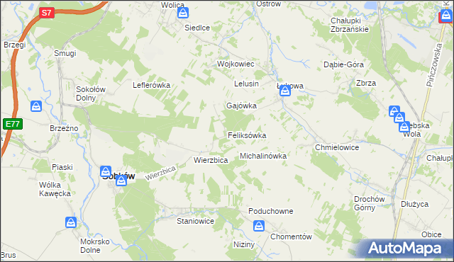 mapa Feliksówka gmina Sobków, Feliksówka gmina Sobków na mapie Targeo