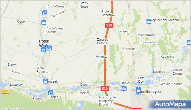 mapa Felinów gmina Modliborzyce, Felinów gmina Modliborzyce na mapie Targeo