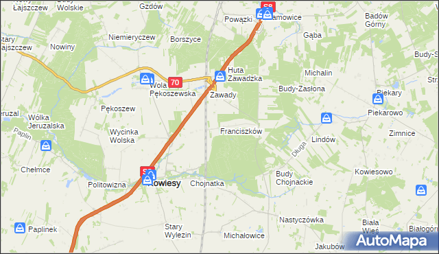 mapa Franciszków gmina Kowiesy, Franciszków gmina Kowiesy na mapie Targeo