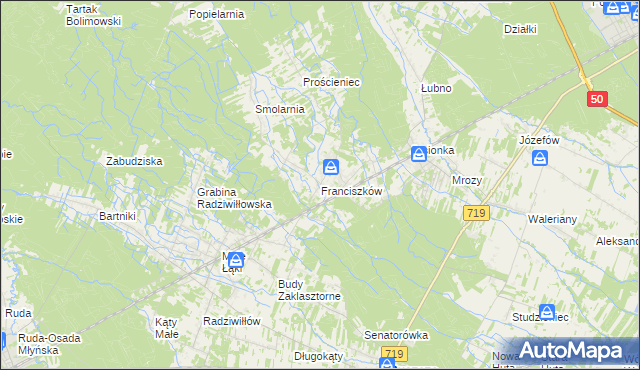 mapa Franciszków gmina Wiskitki, Franciszków gmina Wiskitki na mapie Targeo