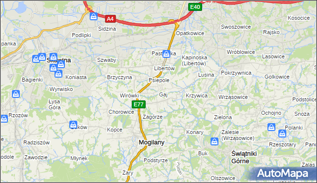 mapa Gaj gmina Mogilany, Gaj gmina Mogilany na mapie Targeo