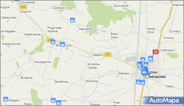 mapa Gałązki gmina Koźmin Wielkopolski, Gałązki gmina Koźmin Wielkopolski na mapie Targeo