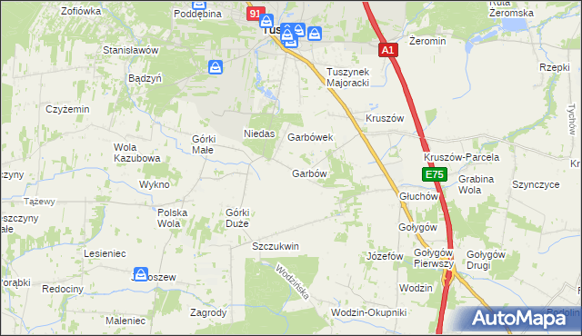 mapa Garbów gmina Tuszyn, Garbów gmina Tuszyn na mapie Targeo