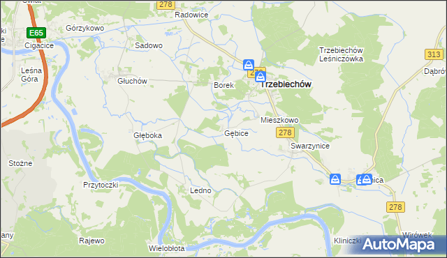 mapa Gębice gmina Trzebiechów, Gębice gmina Trzebiechów na mapie Targeo