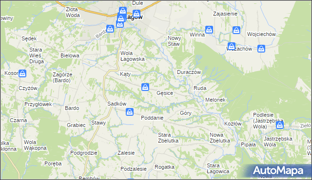 mapa Gęsice gmina Łagów, Gęsice gmina Łagów na mapie Targeo