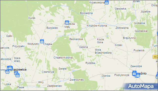 mapa Gęsina gmina Brzeźnio, Gęsina gmina Brzeźnio na mapie Targeo