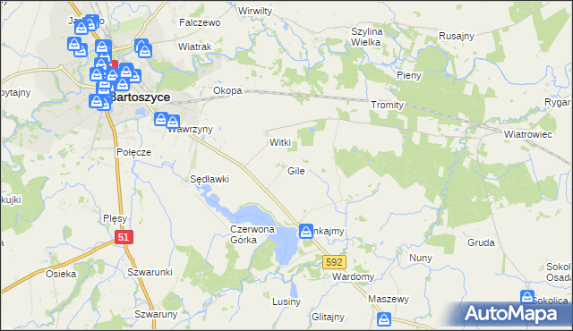 mapa Gile gmina Bartoszyce, Gile gmina Bartoszyce na mapie Targeo