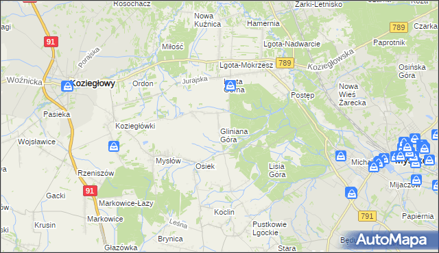 mapa Gliniana Góra gmina Koziegłowy, Gliniana Góra gmina Koziegłowy na mapie Targeo