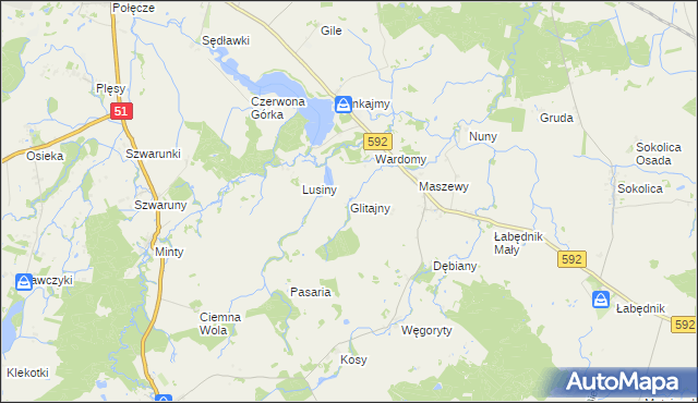 mapa Glitajny gmina Bartoszyce, Glitajny gmina Bartoszyce na mapie Targeo