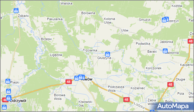 mapa Głuszyna gmina Klwów, Głuszyna gmina Klwów na mapie Targeo