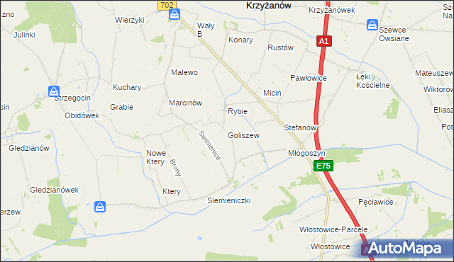 mapa Goliszew gmina Krzyżanów, Goliszew gmina Krzyżanów na mapie Targeo