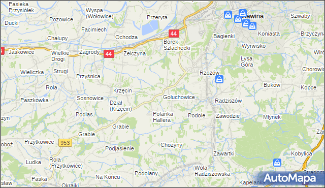 mapa Gołuchowice gmina Skawina, Gołuchowice gmina Skawina na mapie Targeo