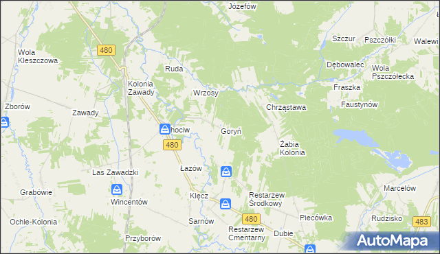 mapa Goryń gmina Widawa, Goryń gmina Widawa na mapie Targeo