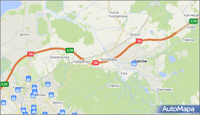 mapa Gorzebądz gmina Sianów, Gorzebądz gmina Sianów na mapie Targeo