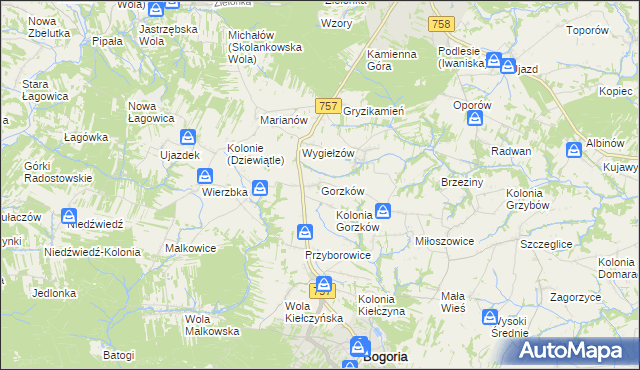 mapa Gorzków gmina Bogoria, Gorzków gmina Bogoria na mapie Targeo