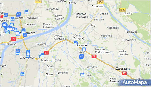 mapa Gorzyce powiat tarnobrzeski, Gorzyce powiat tarnobrzeski na mapie Targeo