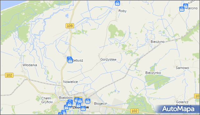 mapa Gorzysław gmina Trzebiatów, Gorzysław gmina Trzebiatów na mapie Targeo