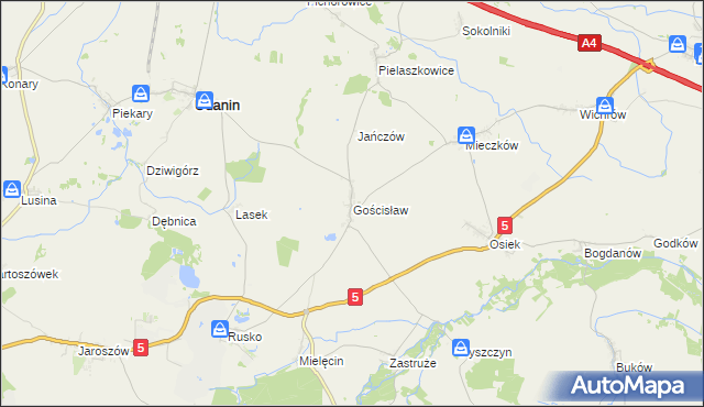 mapa Gościsław gmina Udanin, Gościsław gmina Udanin na mapie Targeo