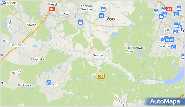 mapa Gostyń gmina Wyry, Gostyń gmina Wyry na mapie Targeo