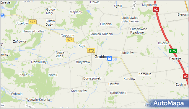 mapa Grabica powiat piotrkowski, Grabica powiat piotrkowski na mapie Targeo