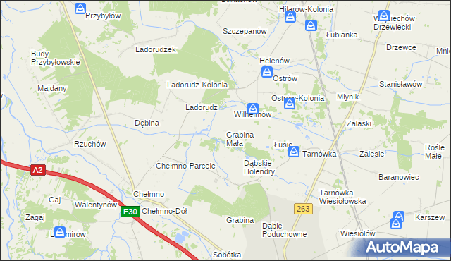 mapa Grabina Mała gmina Dąbie, Grabina Mała gmina Dąbie na mapie Targeo