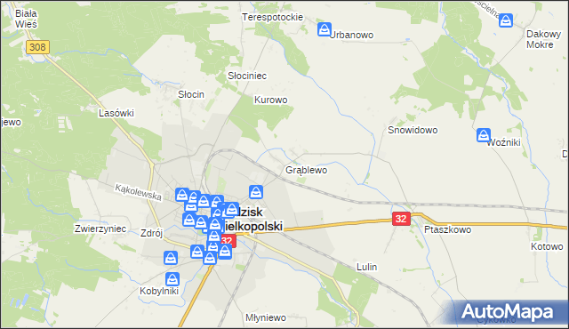 mapa Grąblewo gmina Grodzisk Wielkopolski, Grąblewo gmina Grodzisk Wielkopolski na mapie Targeo