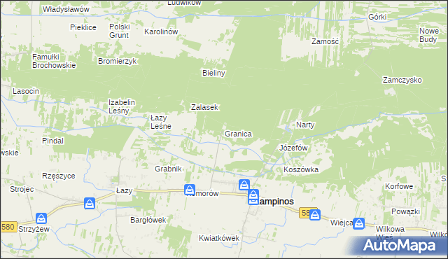 mapa Granica gmina Kampinos, Granica gmina Kampinos na mapie Targeo