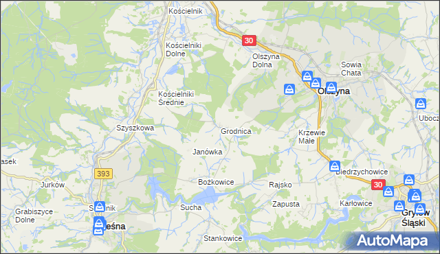 mapa Grodnica gmina Olszyna, Grodnica gmina Olszyna na mapie Targeo