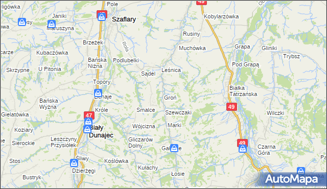 mapa Groń gmina Bukowina Tatrzańska, Groń gmina Bukowina Tatrzańska na mapie Targeo